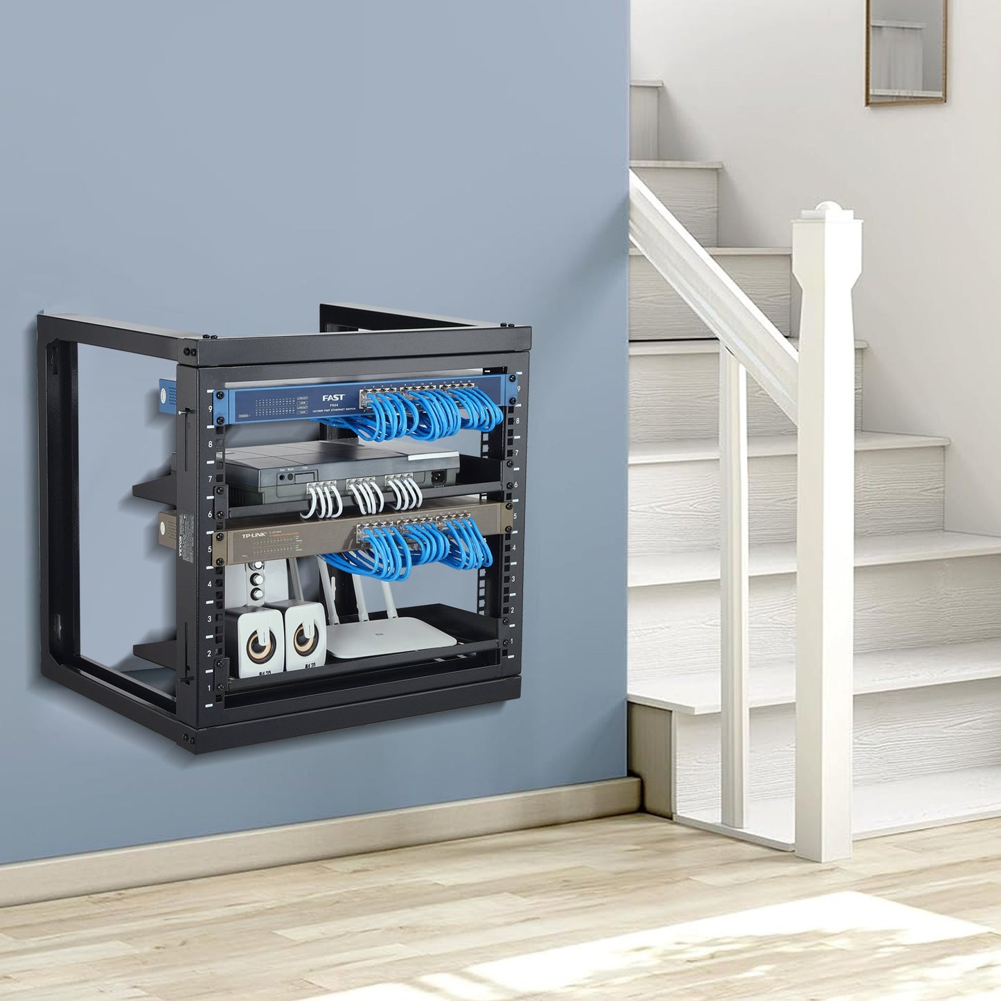 9U Wall Mount Server Rack Open Frame Steel Black 150 Lbs Capacity