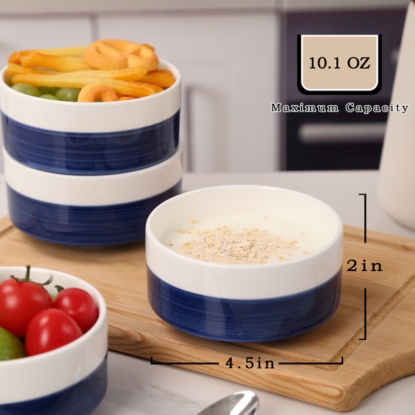 10 oz White-Blue Ceramic Bowls Set of 4 - Microwave & Dishwasher Safe