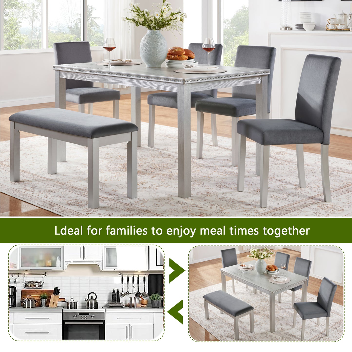 6-Piece Wooden Dining Table Set with Upholstered Chairs & Bench - Silver Grey