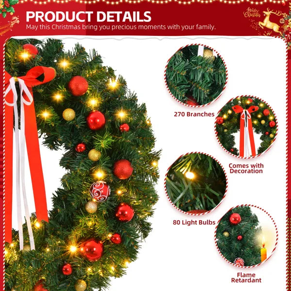 36-Inch Pre-Lit Battery Powered Christmas Wreath with 80 Warm Lights & 18 DIY Ornaments