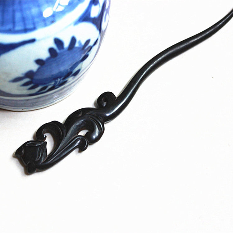 Handmade Ebony Hairpin with Inlaid Flower Pattern - Enchantress Blackwood