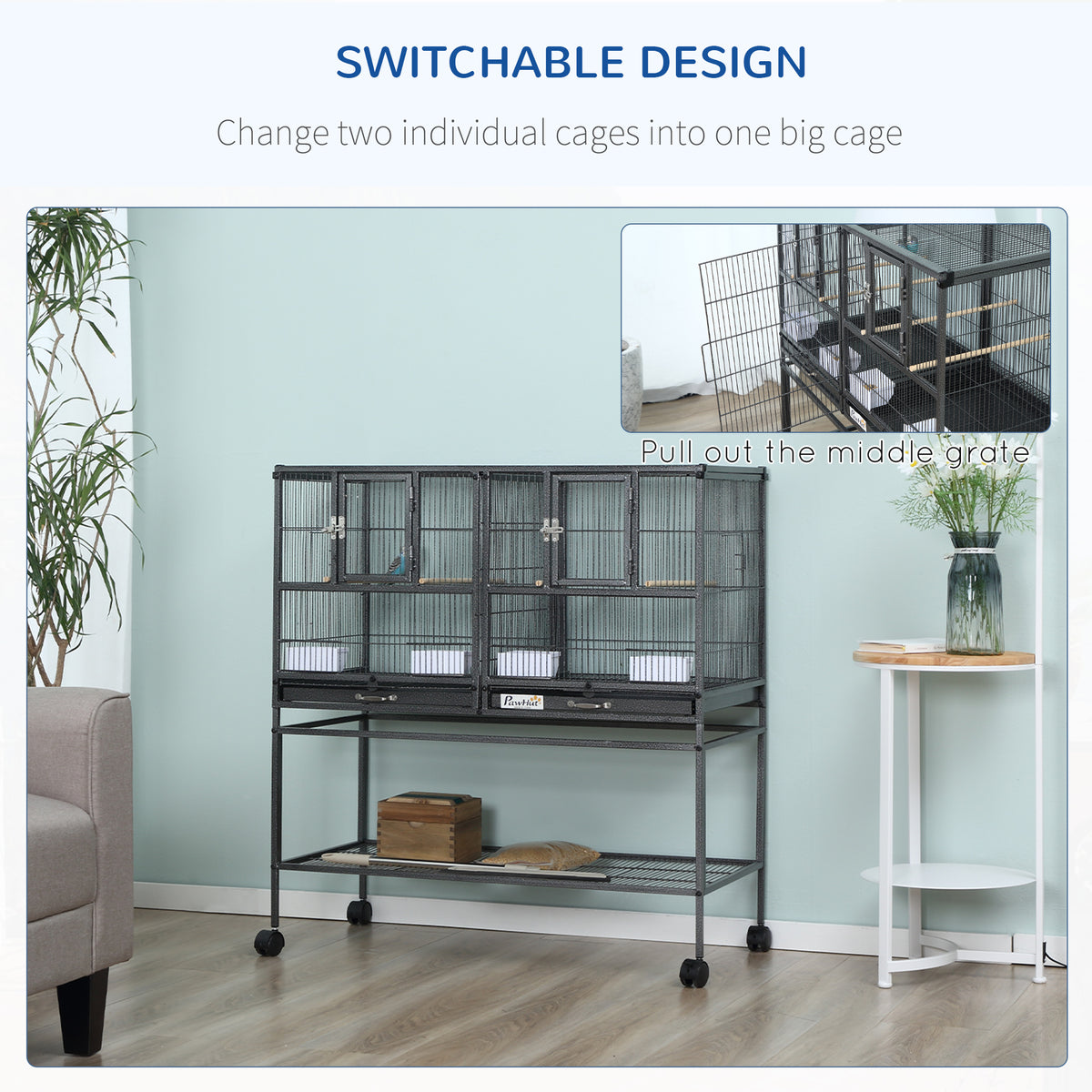 Divided Bird Cage with Rolling Stand, Removable Metal Trays & Storage Shelf