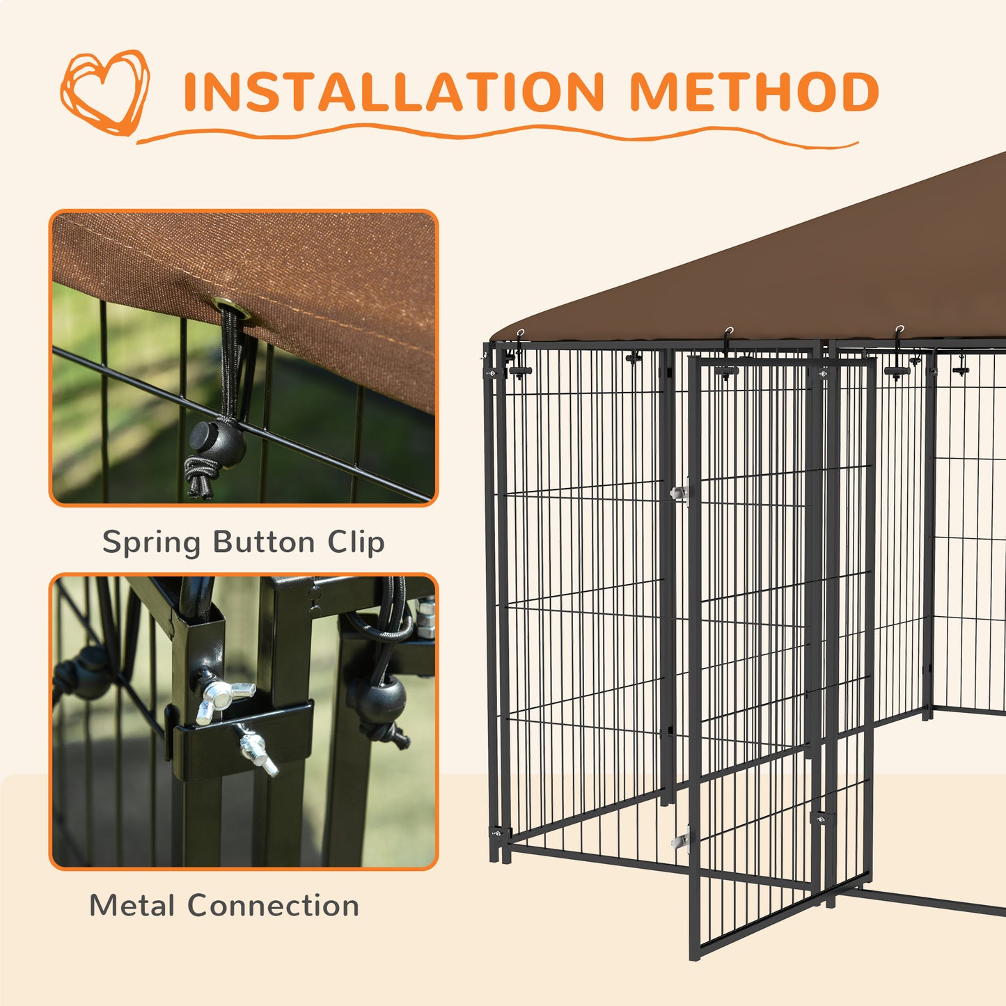 Outdoor Dog Kennel with Canopy - Large Pet Playpen Fence Cage, Coffee