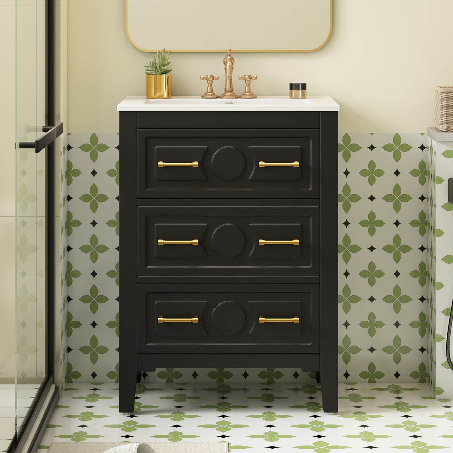 24'' Bathroom Vanity with Ceramic Sink - Black, 3 Drawers