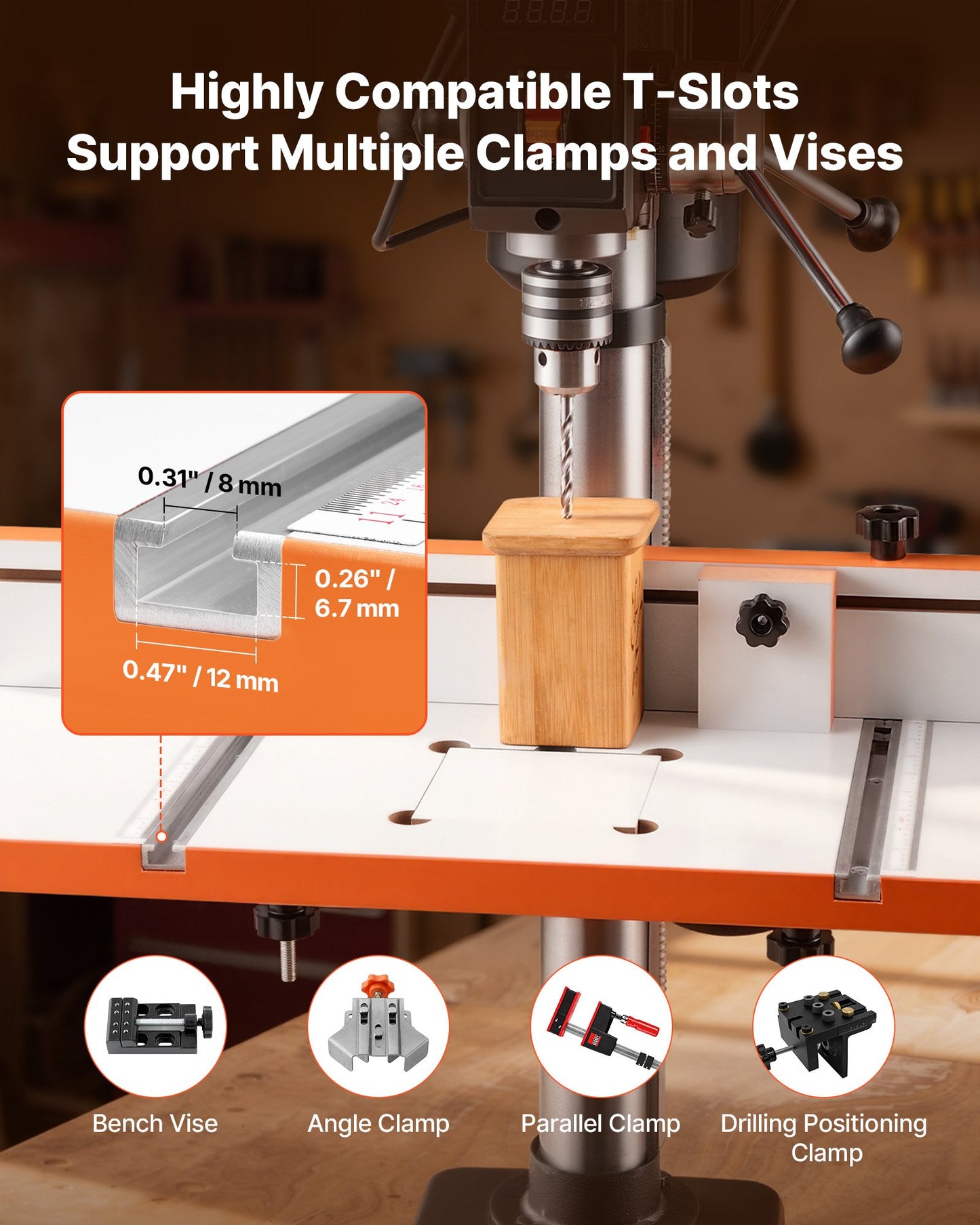 24x12 Inch Drill Press Worktable with Adjustable Fence, T-Slots & Scale