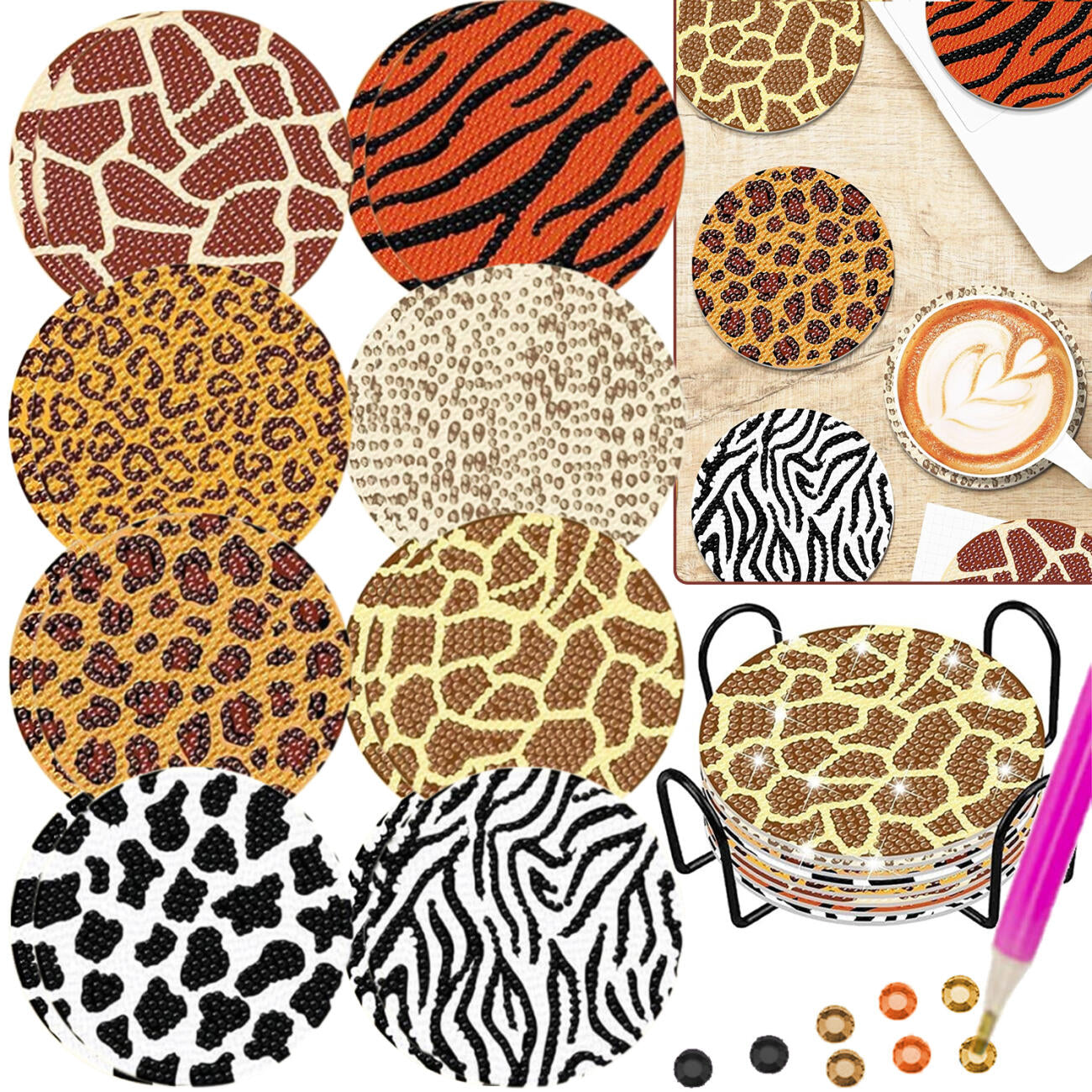 Multicolor Rhinestones Art Coasters - 8 Pcs Set