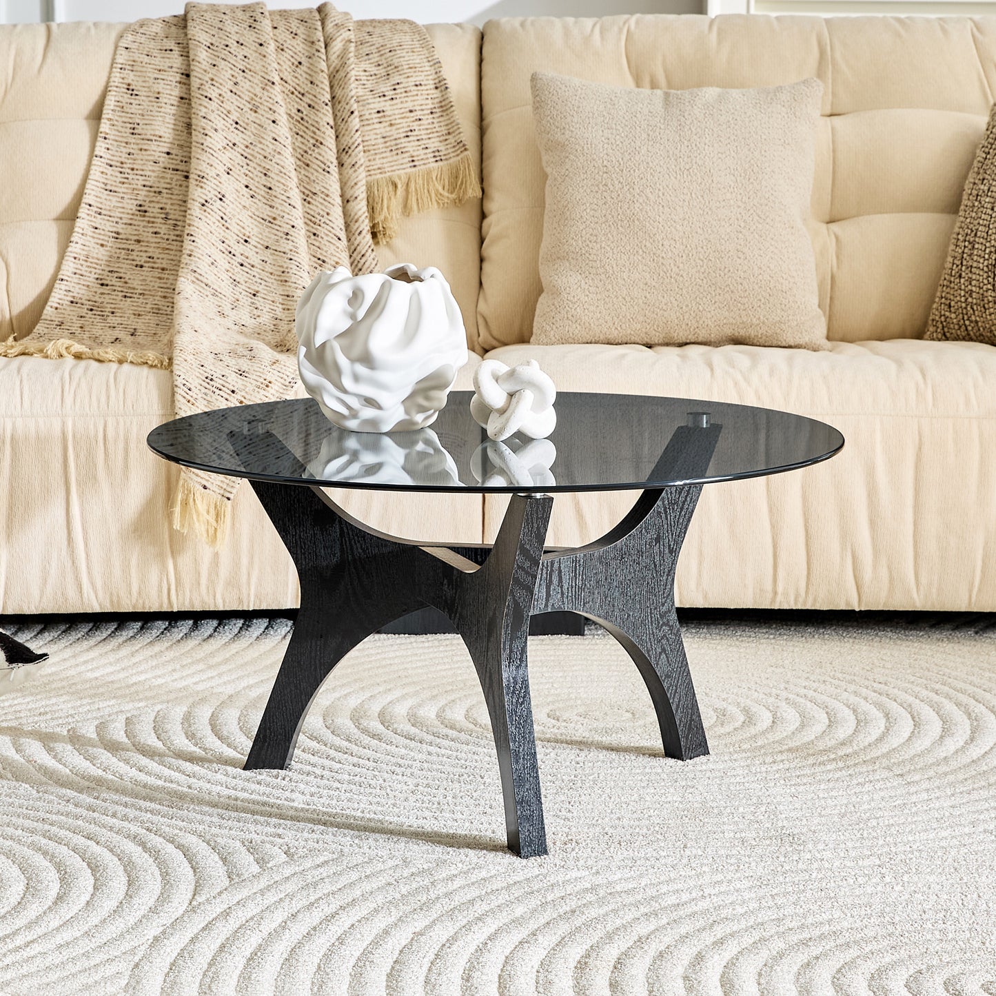 31.5" Mid-Century Modern Glass Coffee Table - Black Wood Grain