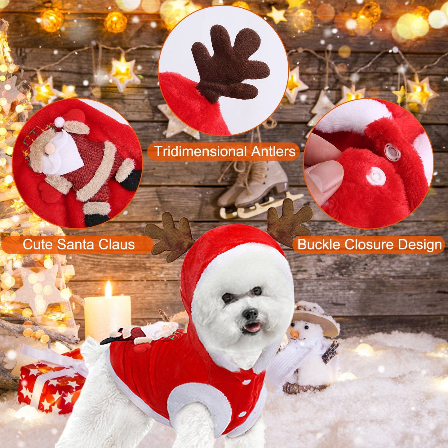 Pet Christmas Costume Santa Reindeer Antlers Winter Outfit for Small Medium Dogs Cats