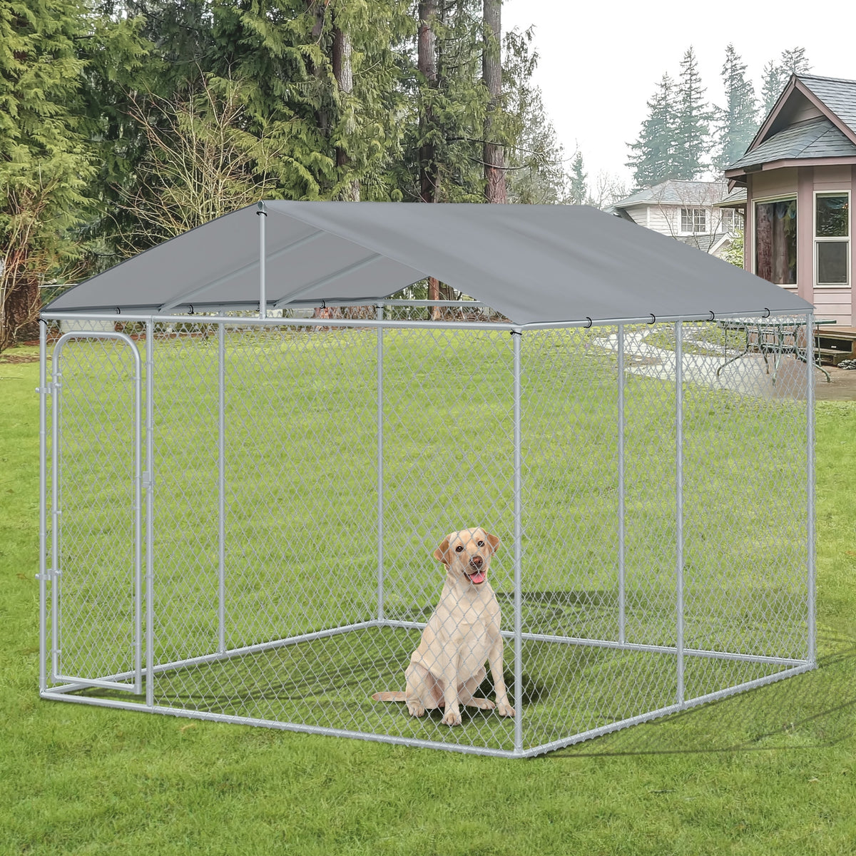 Large Outdoor Dog Kennel with Galvanized Steel Fence and Cover - Heavy Duty, Rainproof, Lockable Door, 9.8 x 9.8 x 7.7 ft