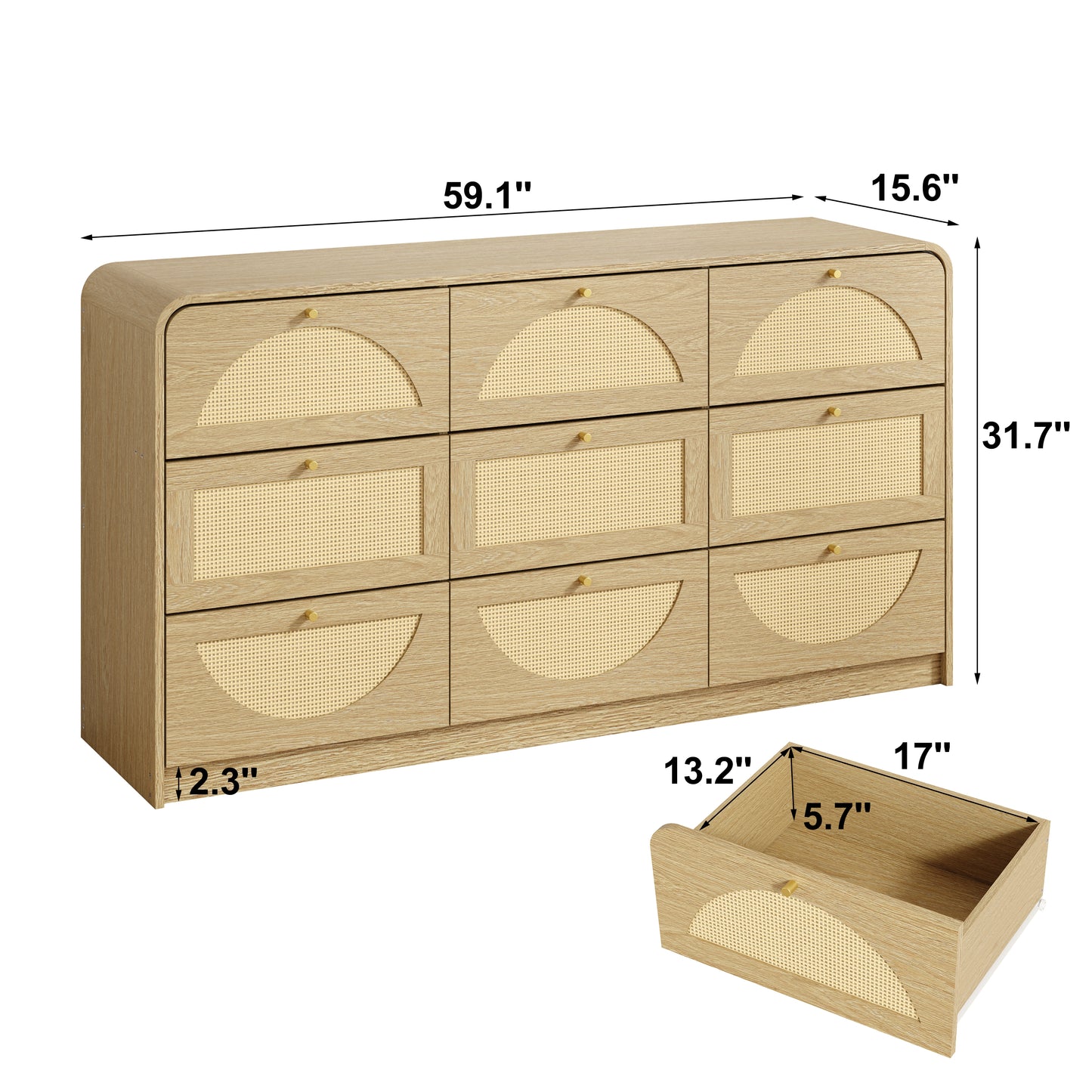 9-Drawer Rattan Dresser - Modern Walnut Storage Cabinet