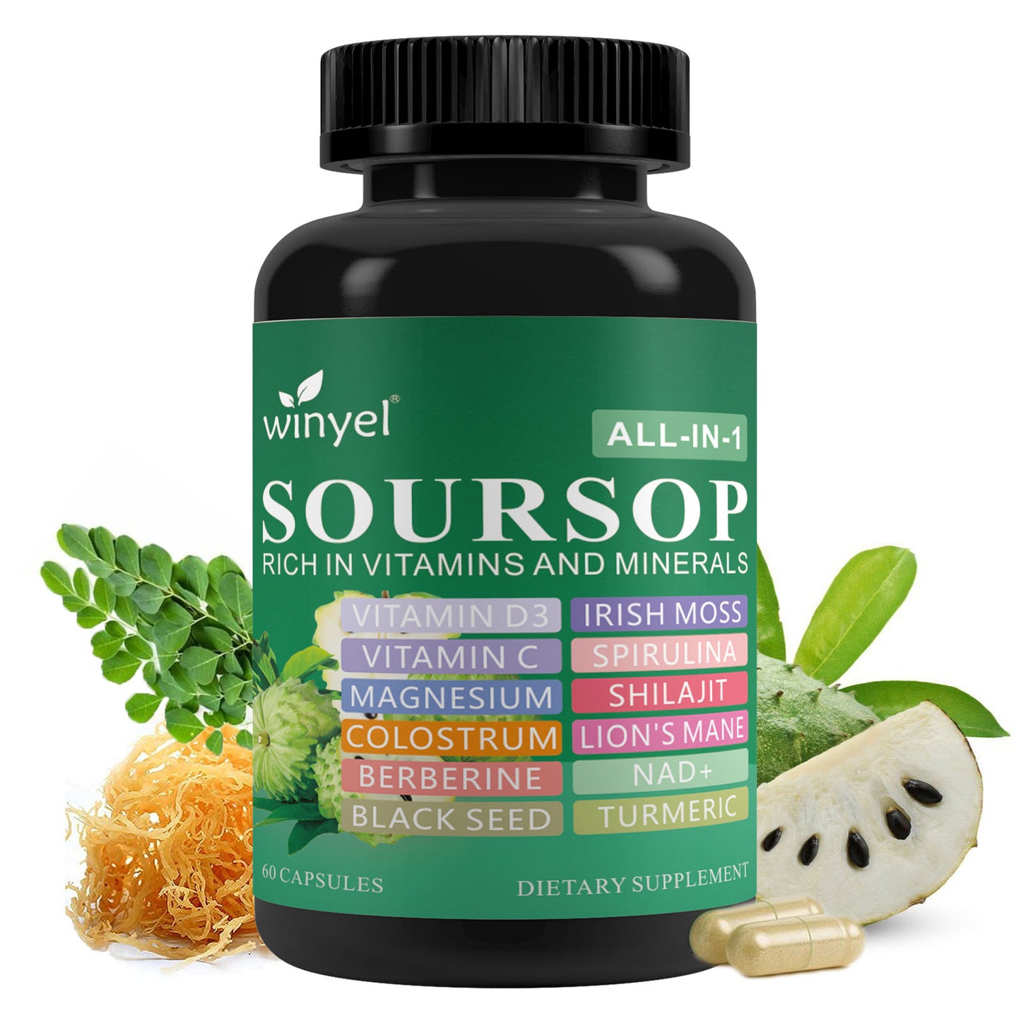 Soursop Herbal Supplement with Lion's Mane & Turmeric - 60 Vegan Capsules