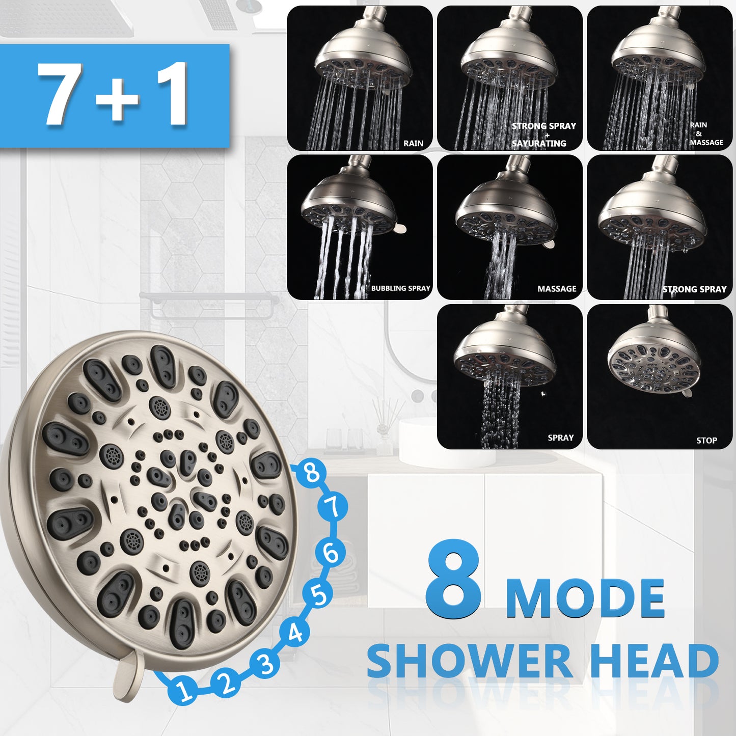 5-Inch Rain Shower & 7-Spray Handheld Combo with Slide Bar - Brushed Nickel
