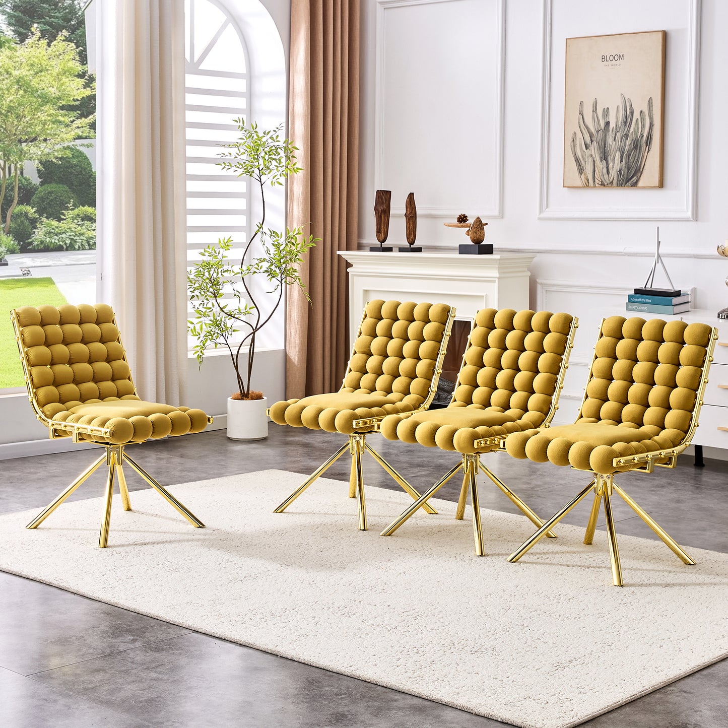 Set of 2 Yellow Velvet Bubble Dining Chairs with Gold Legs