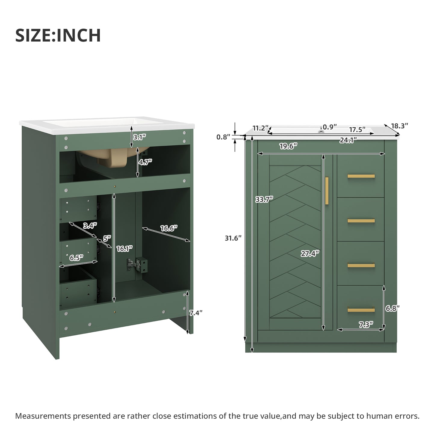 24" Green Bathroom Vanity with Integrated Ceramic Sink & 3 Drawers