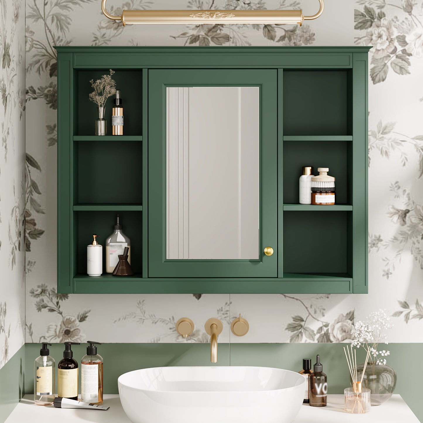 35'' x 28'' Wall Mounted Bathroom Storage Cabinet with Mirror - Green