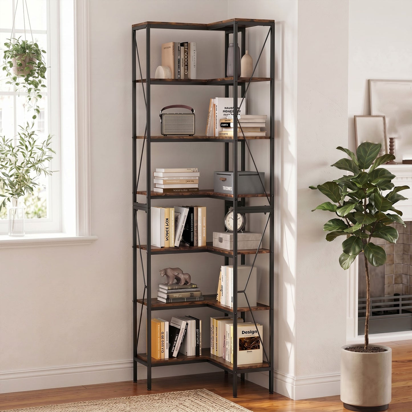 7-Tier Industrial Corner Bookshelf - Open Display Rack