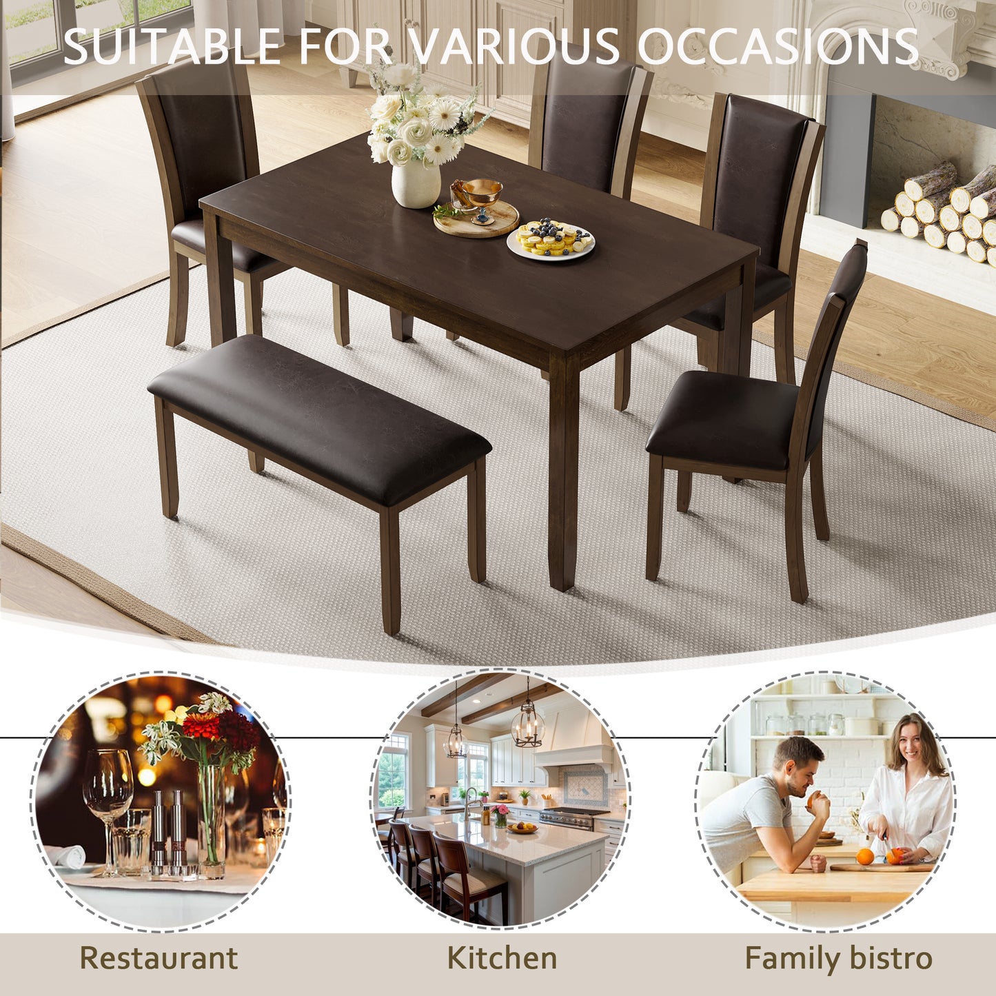6-Piece Farmhouse Dining Table Set with Bench & Chairs - Dark Walnut