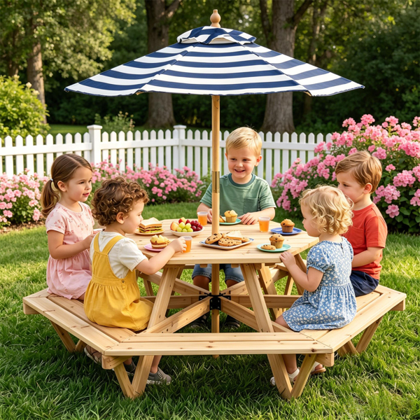 Kids Hexagonal Picnic Table with Umbrella - 6 Seats, Solid Wood Outdoor Set