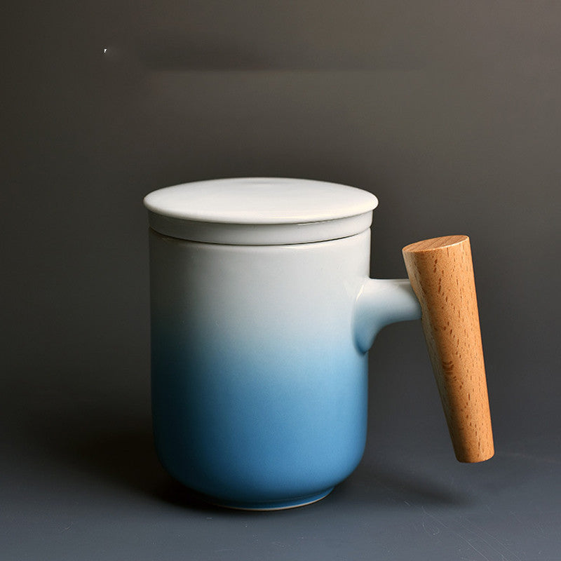 Ceramic Water Cup with Lid & Wooden Handle Large Capacity Drinkware
