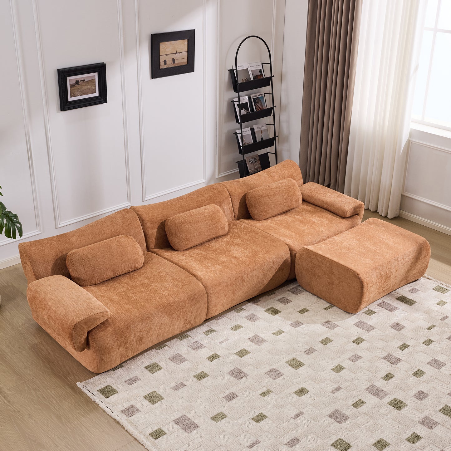 Modular Bamboo Joint Armchair - Extra-Large Chenille Sofa with 3 Pillows - Orange