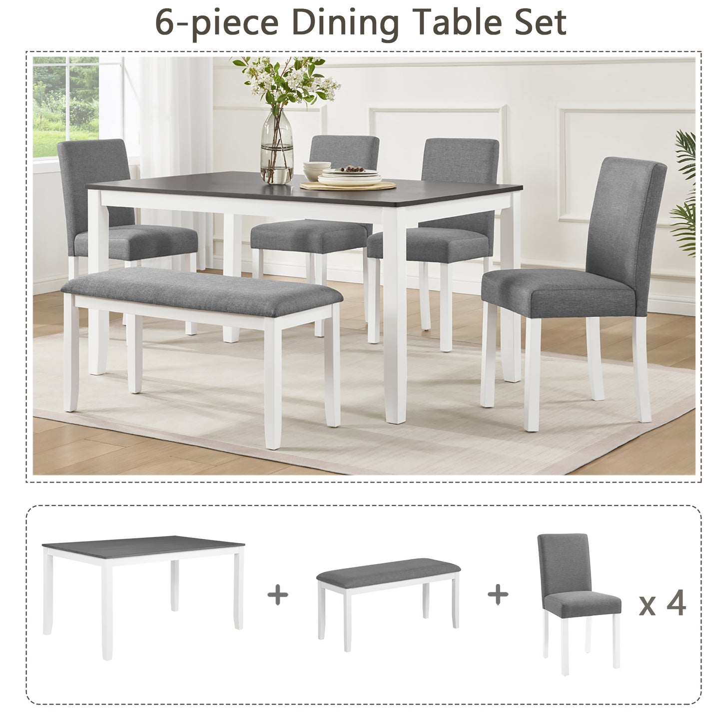 6-Piece Wooden Dining Table Set with Bench & Chairs - Grey/White