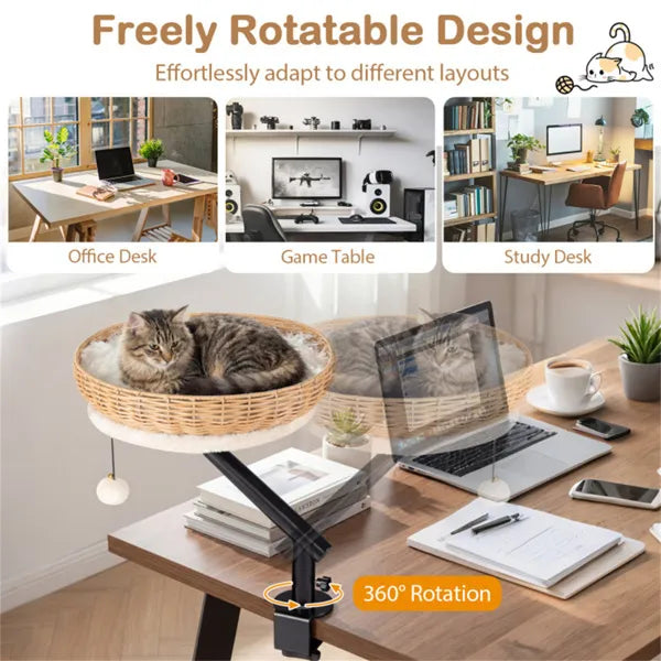 Rotatable Desktop Cat Bed Perch with Jingle Ball - 2-in-1 Workspace Cat Retreat