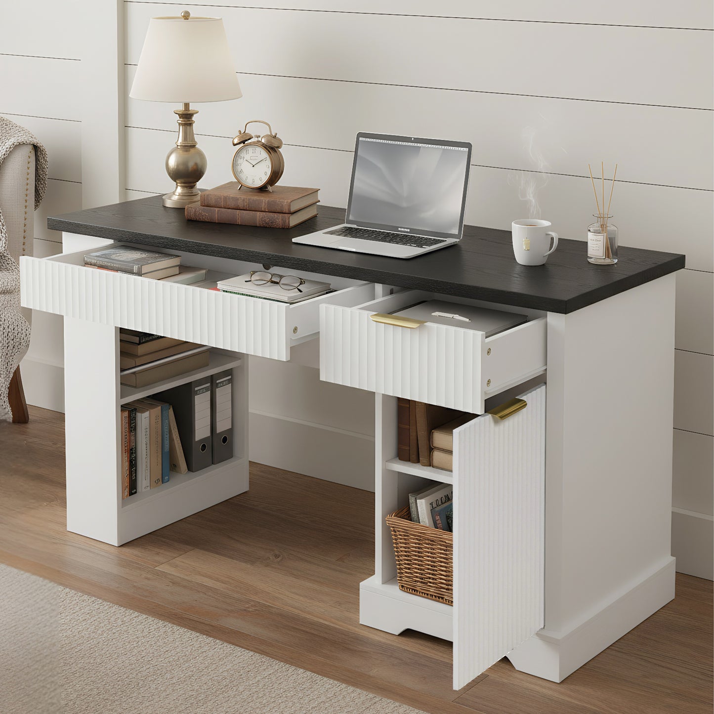 55" Modern Fluted Office Desk with Storage Cabinet & Power Outlet - White