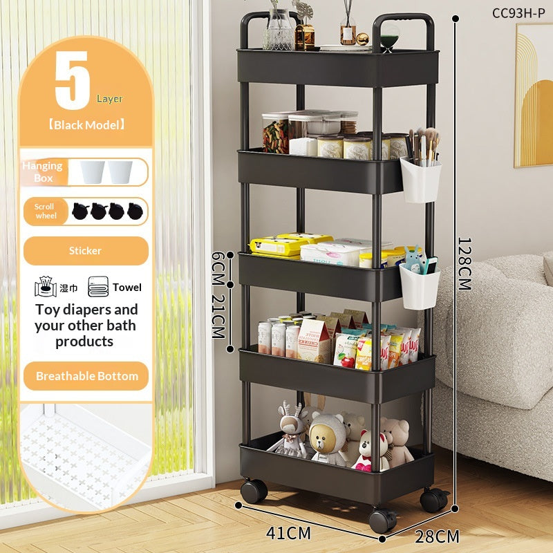 26cm Multi-Layer Storage Rack with Hanging Boxes - Black, Mobile & Floor Standing