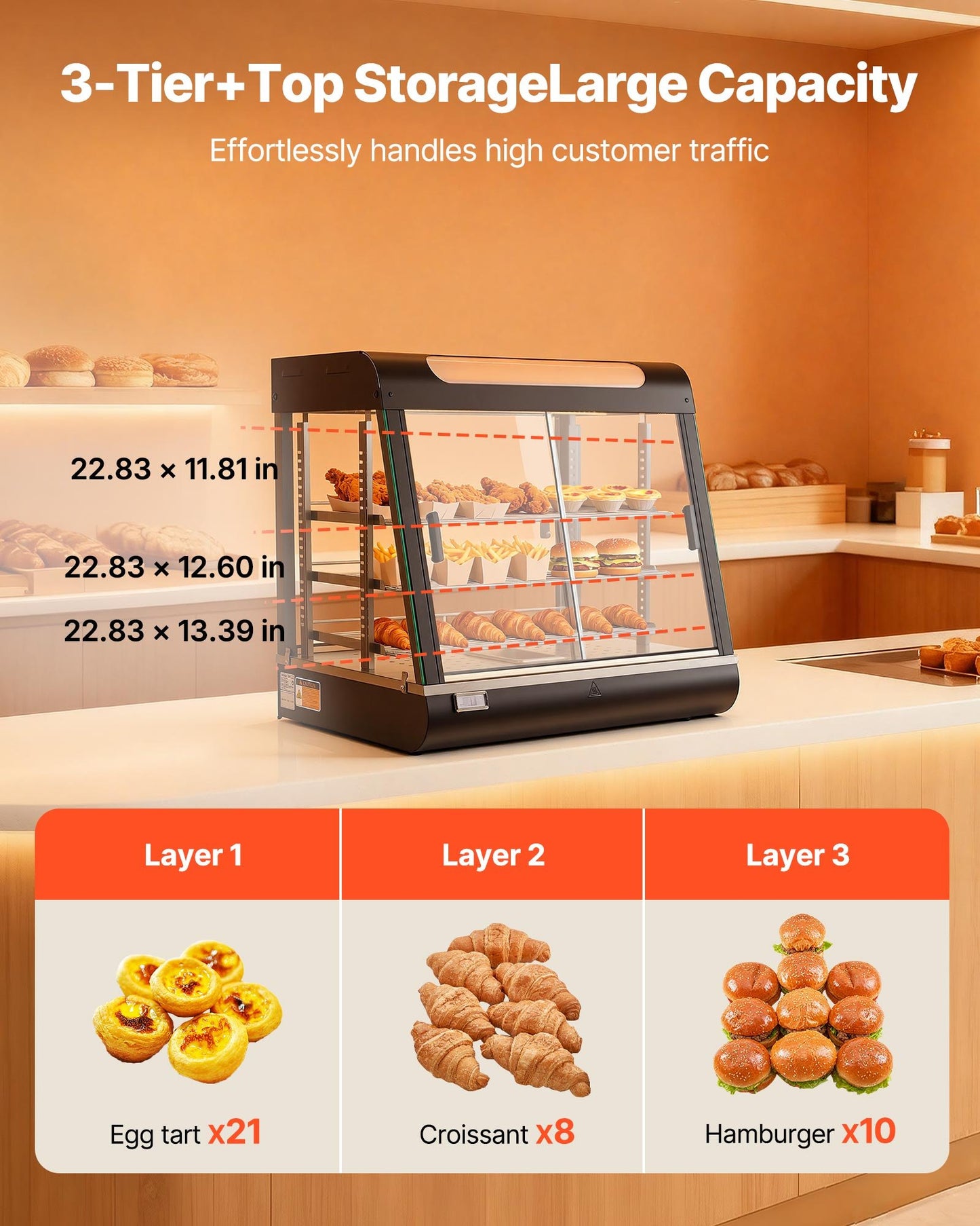 3-Tier Commercial Food Warmer Display with LED Light, Adjustable Shelves, 86°F-185°F, 106Qt
