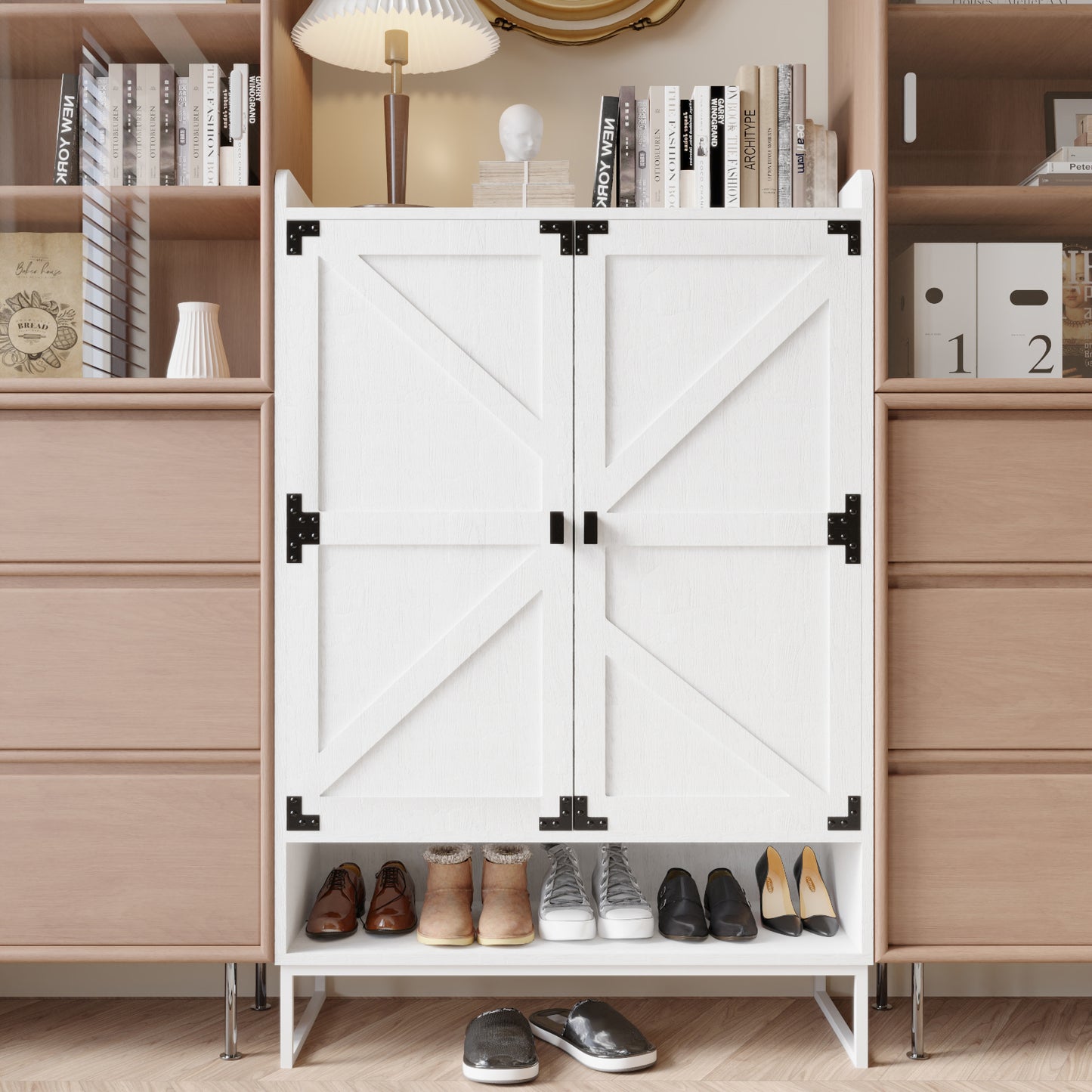 6-Tier Shoe Storage Cabinet with Doors - White Wooden Organizer