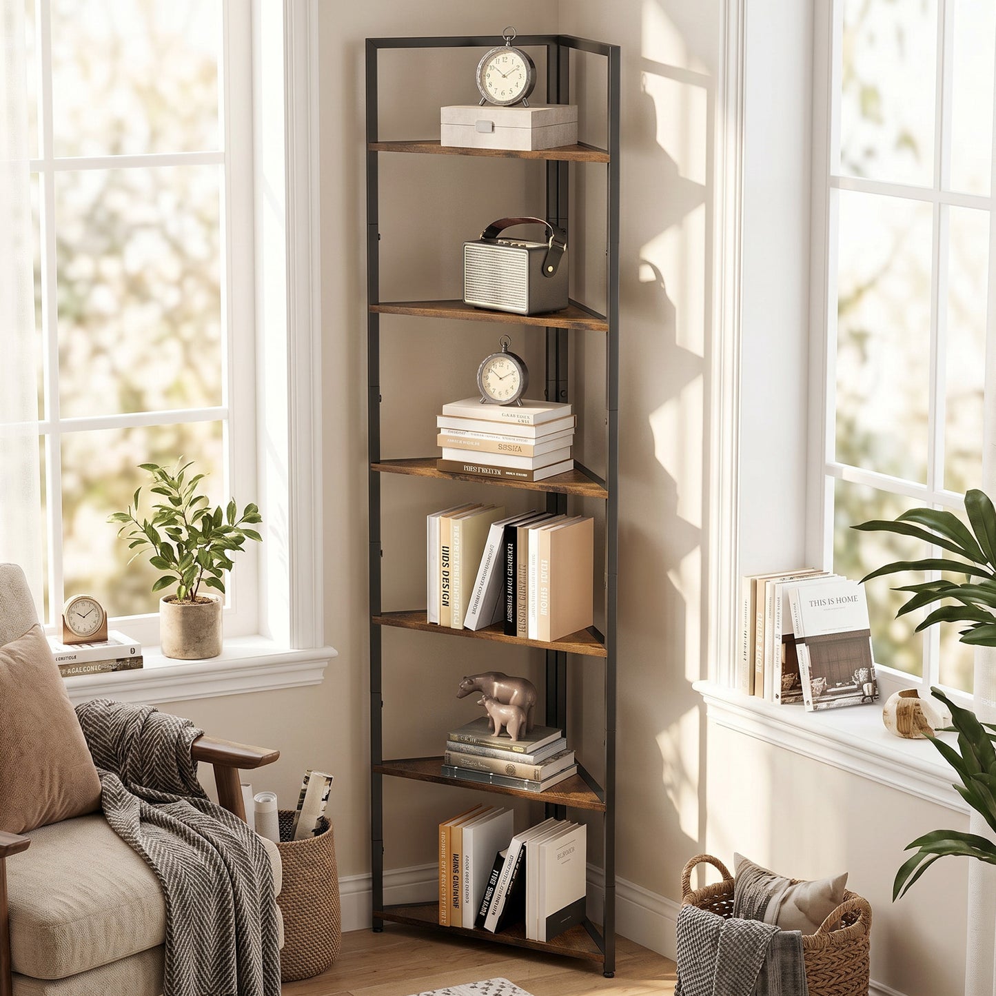 6-Tier Corner Shelf - Wooden Bookshelf with Metal Frame, 71.7 Inch