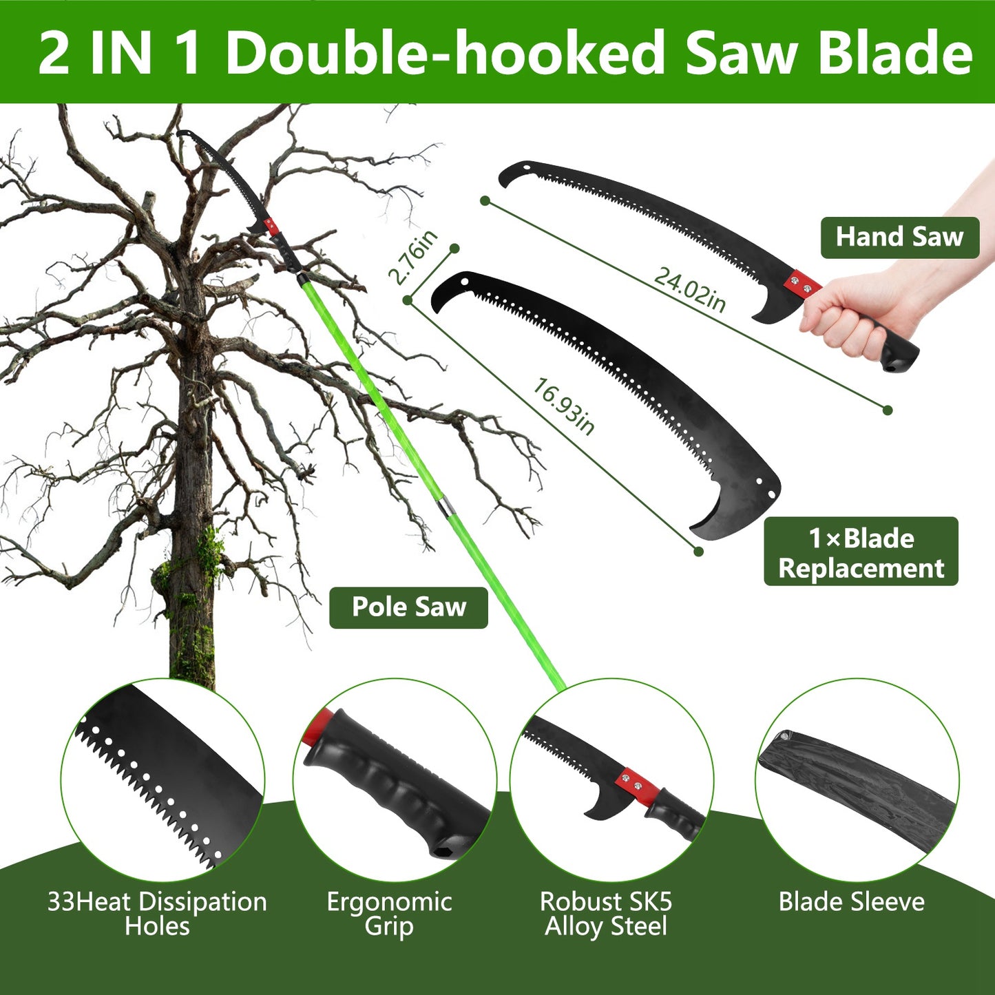 Extendable Manual Pole Saw with Pruner & Saw Blades for Tree Trimming