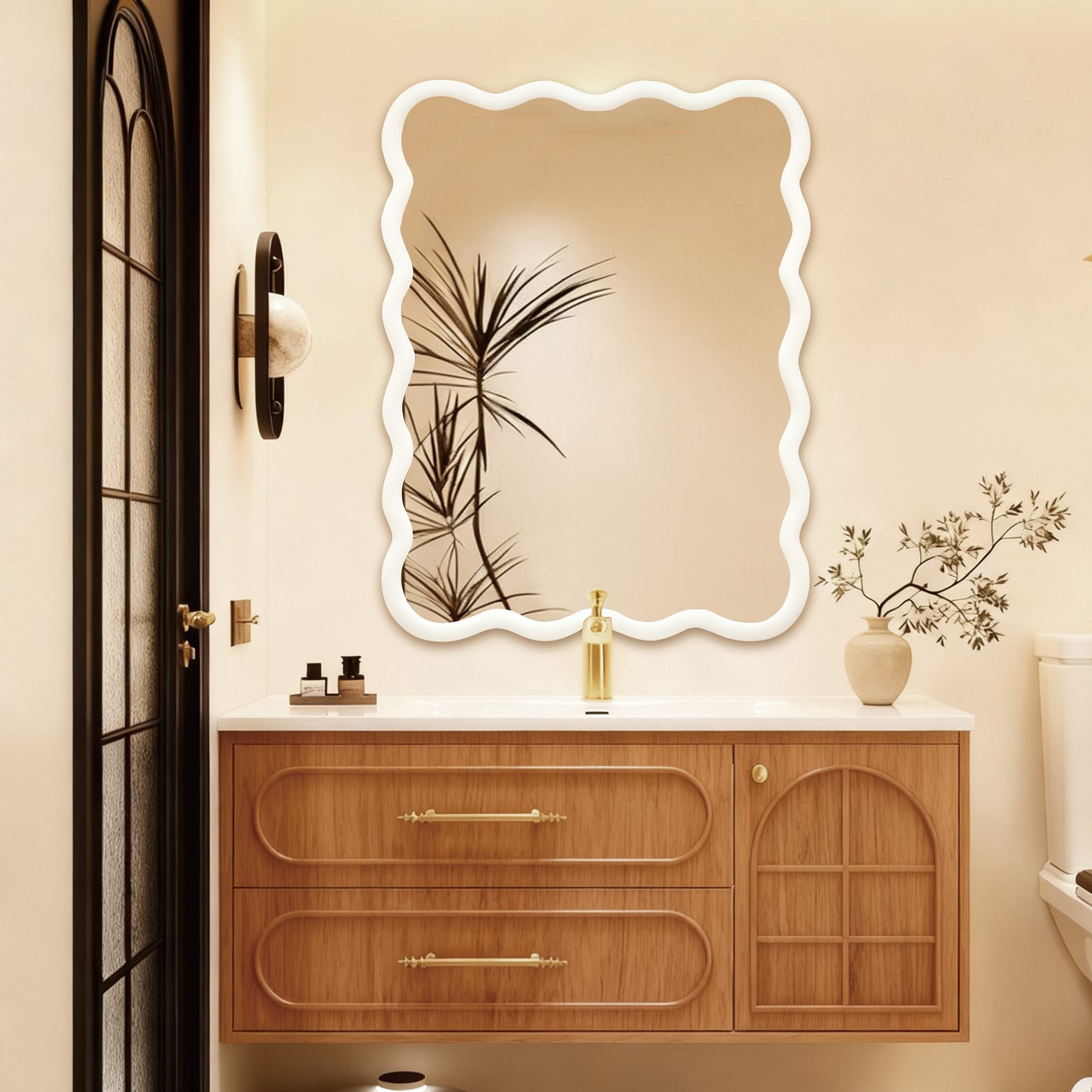 30x40 Wavy Rectangle Solid Wood Frame Decorative Mirror - White
