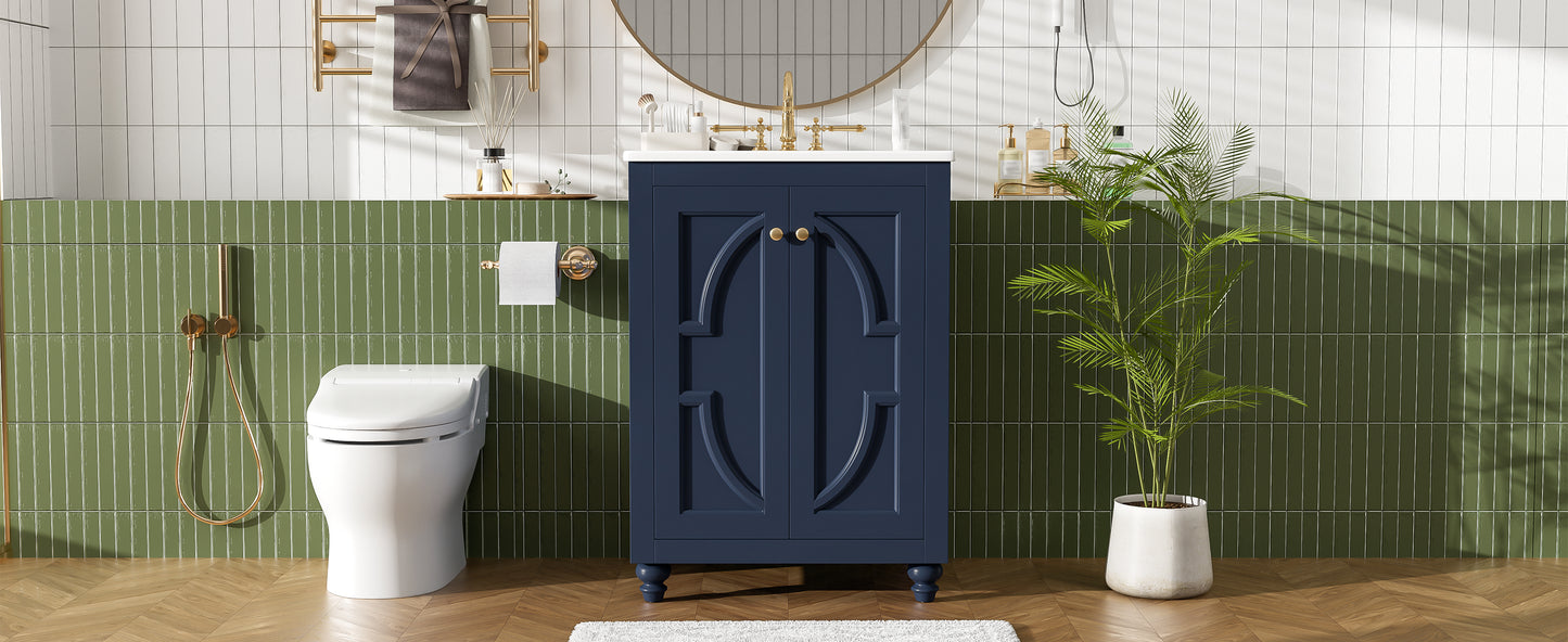 24" Blue Modern Bathroom Vanity with Ornate Design & Soft-Close Hinges