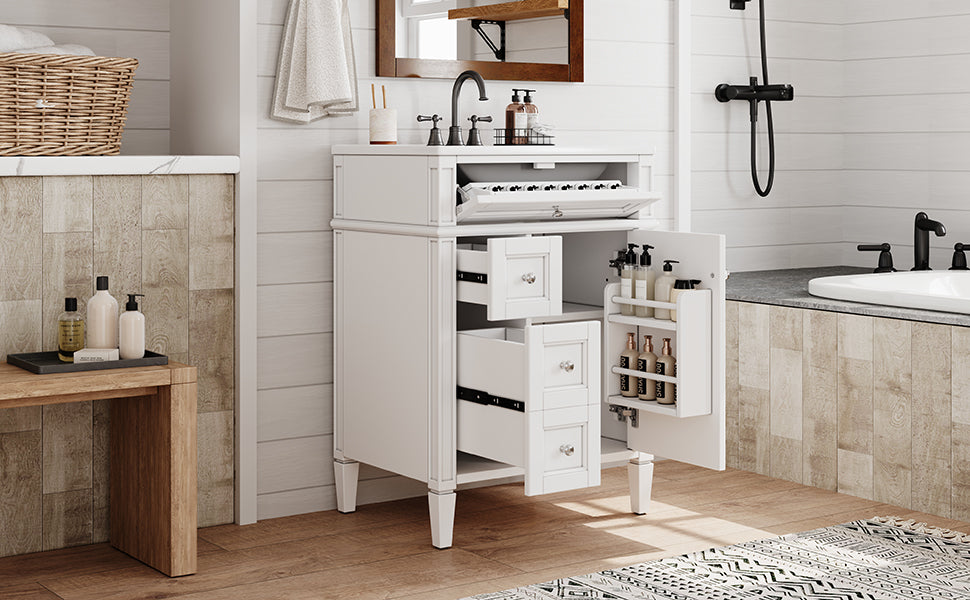 24-Inch Modern Bathroom Vanity with Ceramic Sink & 3 Drawers - White