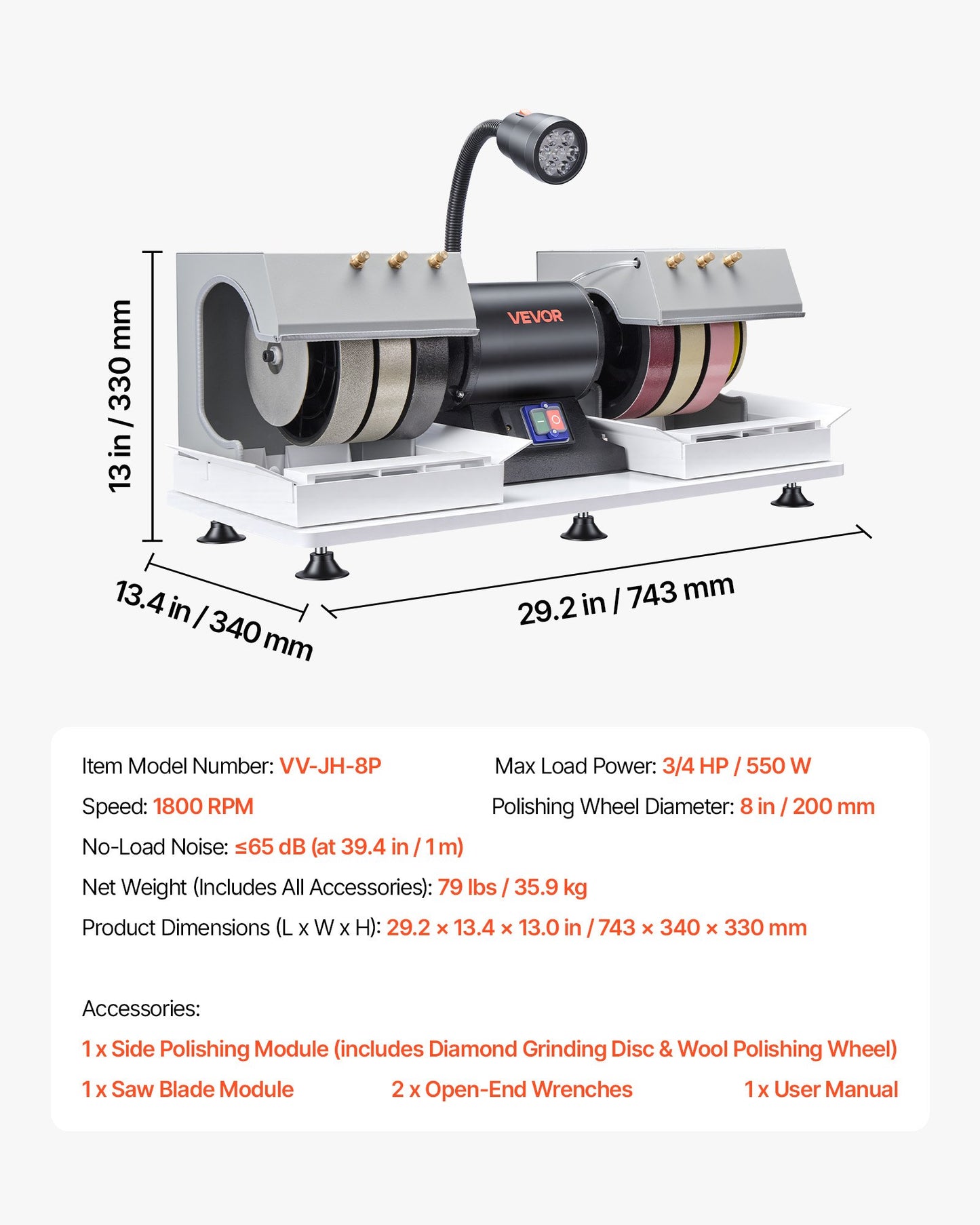 8-Inch Cabbing Machine for Gemstone Grinding & Polishing - 3/4 HP, Water System, LED Light