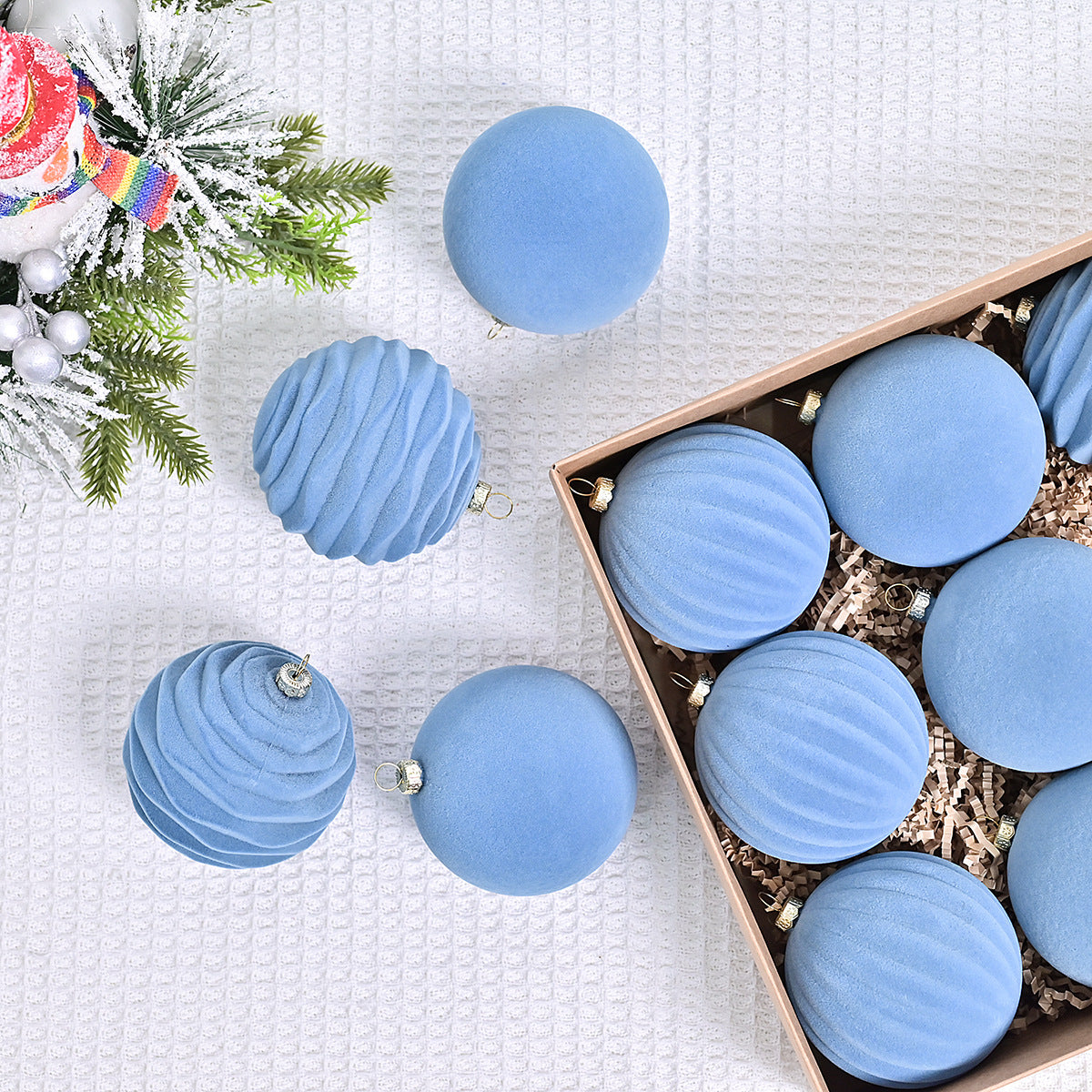 Christmas Flocking Ball Decorations Set - Red, Green, Blue, 8-12cm