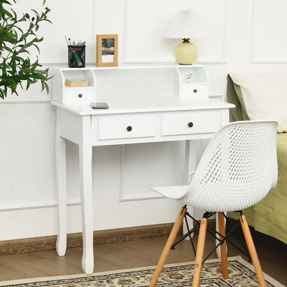 2-Tier Vanity Writing Desk with 4 Drawers - White