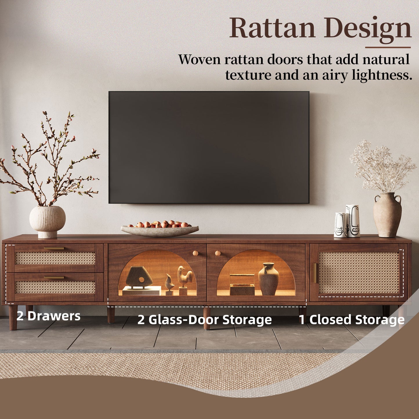 86 Inch TV Stand with App Controlled LED Lights - Dark Brown