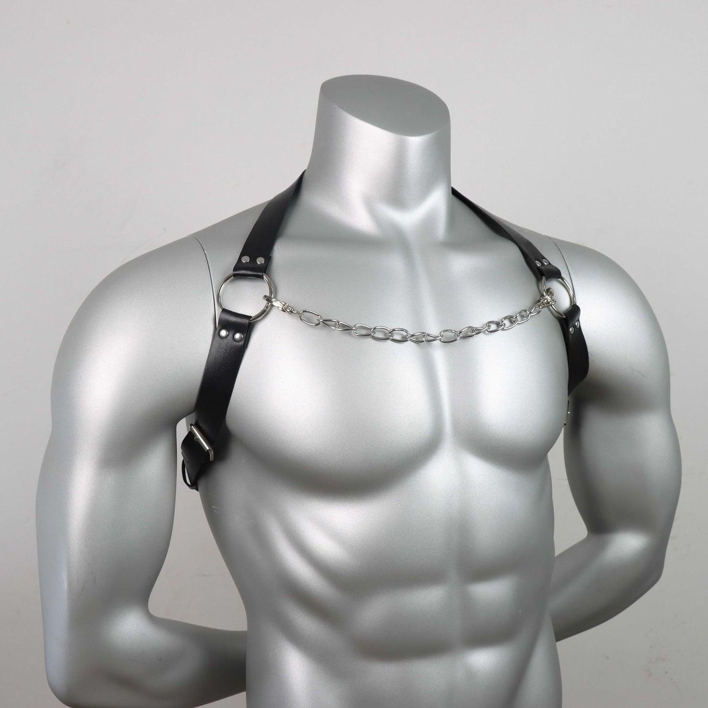 Men's Leather Chain Belt with Chest Strap - Punk Style Black Leather Accessory