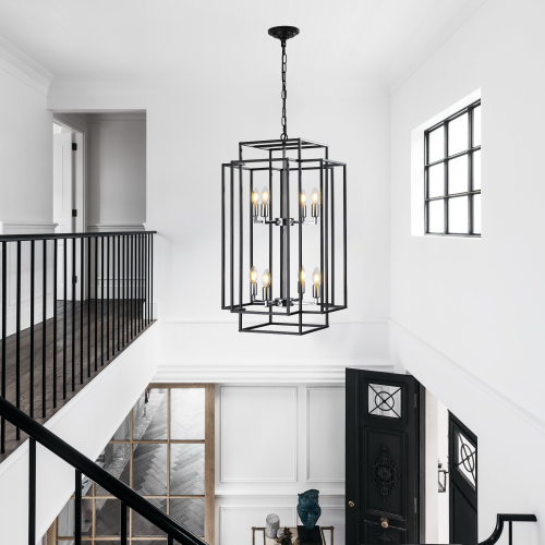 8-Lantern Farmhouse Chandeliers with Adjustable Height Black Iron Fixture