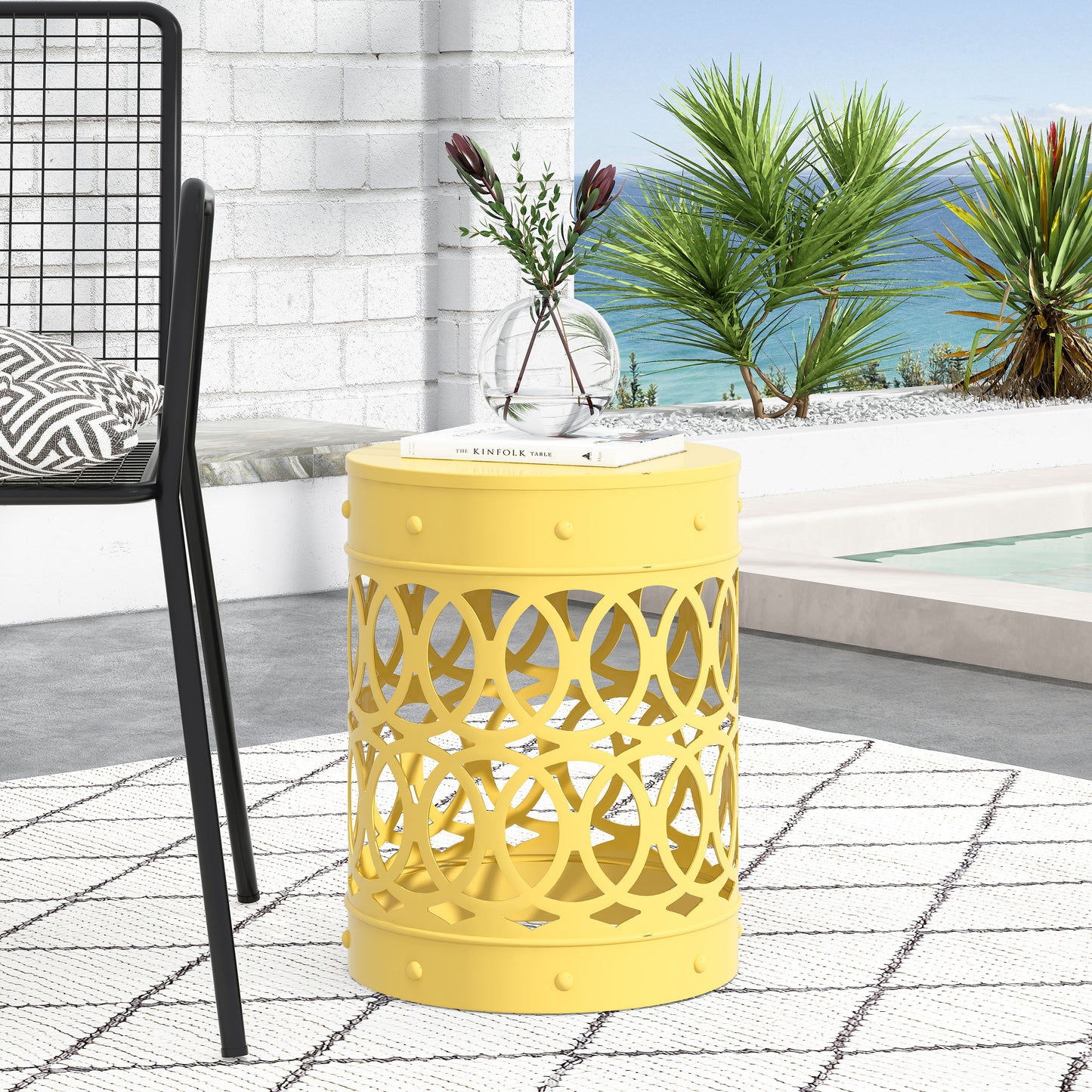 Large Yellow Outdoor Metal End Table - Durable Iron Design