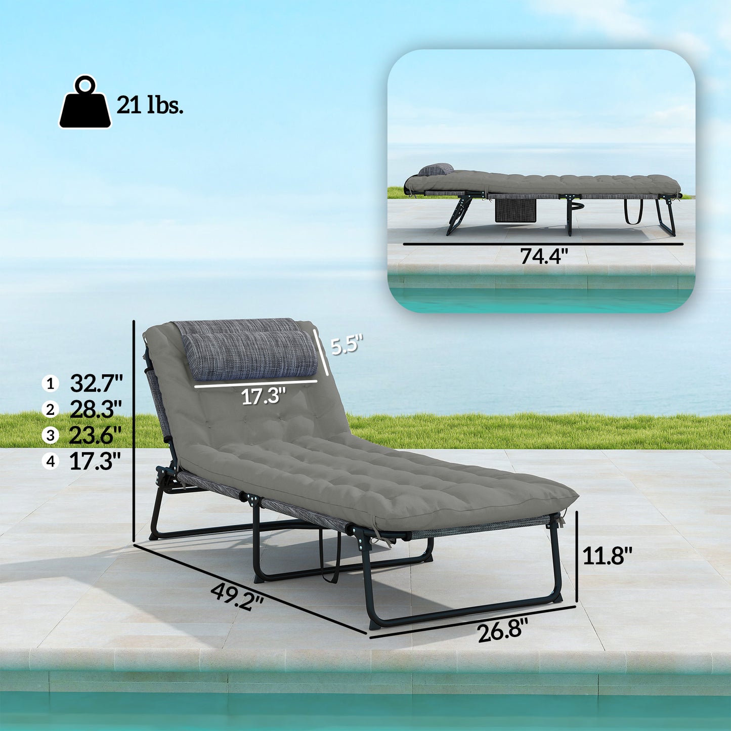 Folding Chaise Lounge Pool Chair with 4-Level Recline, Cushion & Pocket - Gray