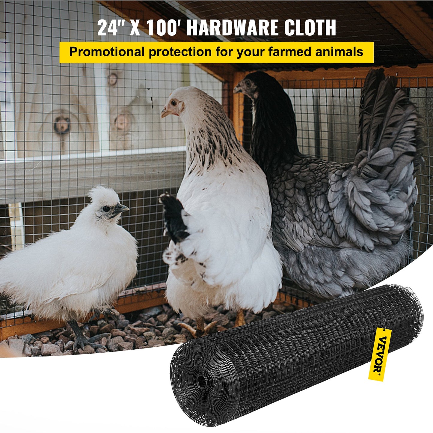 Galvanized Steel Hardware Cloth Mesh Fence 24' x 100' Black 1x1 inch, with Cutting Pliers & Gloves