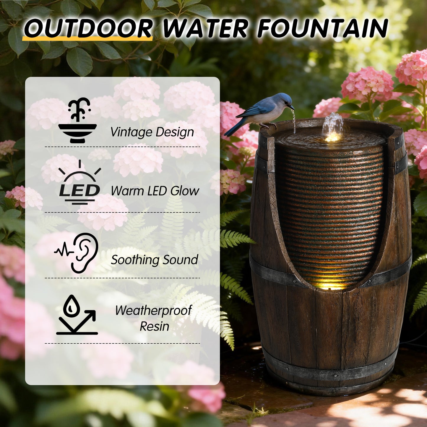 Outdoor Water Fountain with Lights Rustic Wood Look Resin Garden Decor for Patio Yard