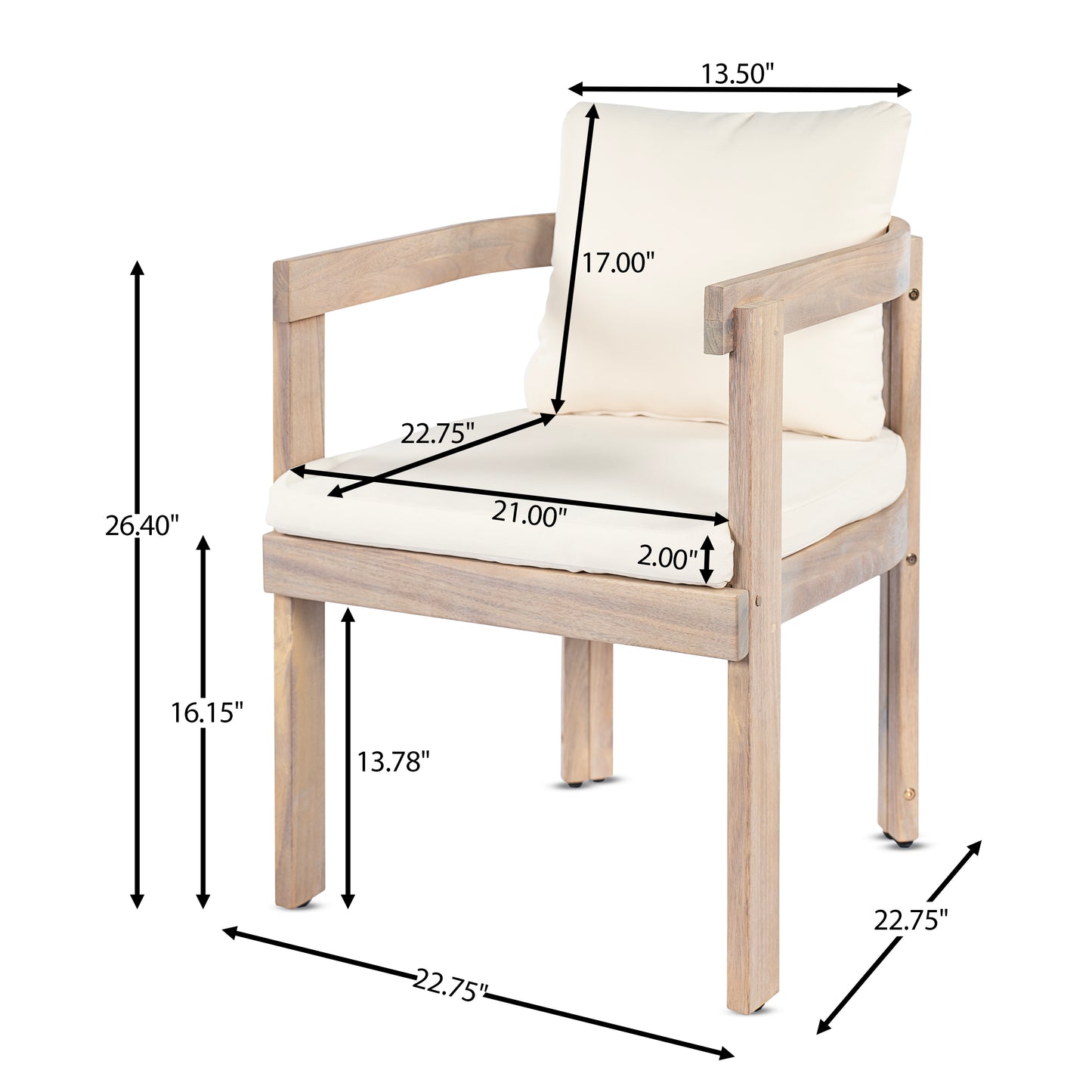 Acacia Wood Dining Chairs Set of 2 with Cream Cushions