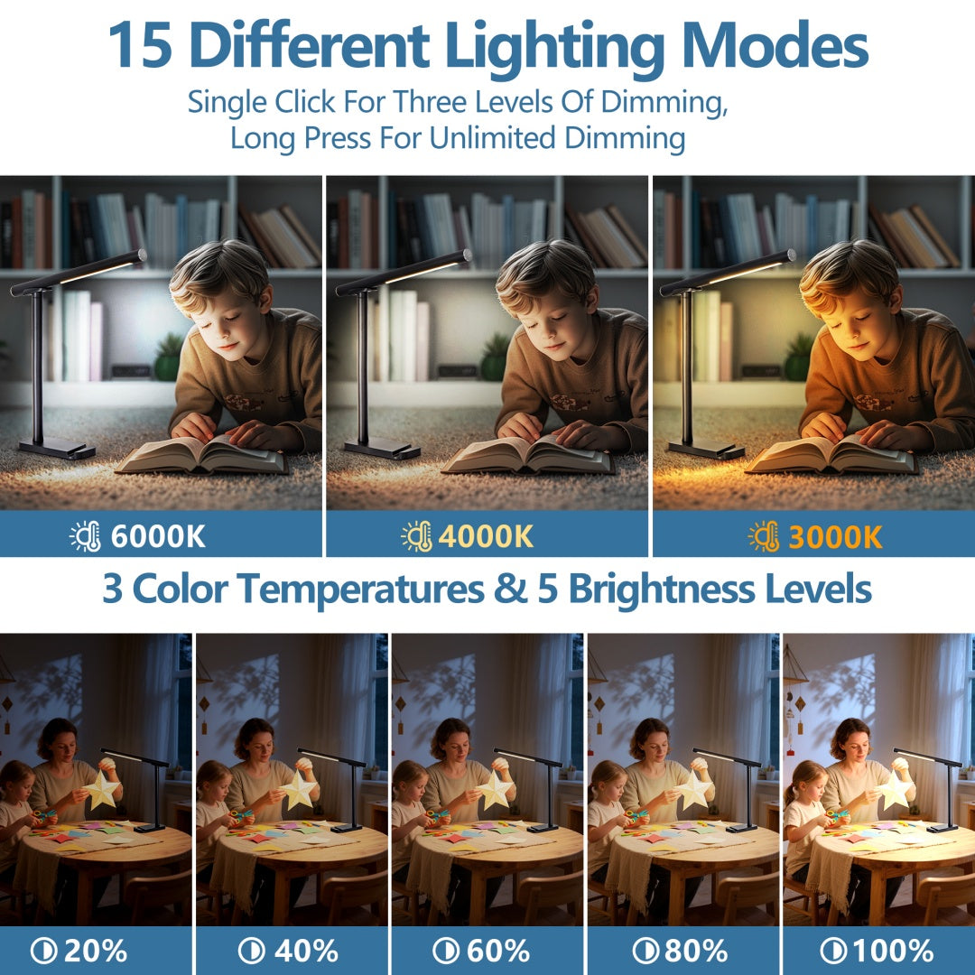 LED Desk Lamp Dimmable Reading Light with USB Charging & 5 Modes - Black