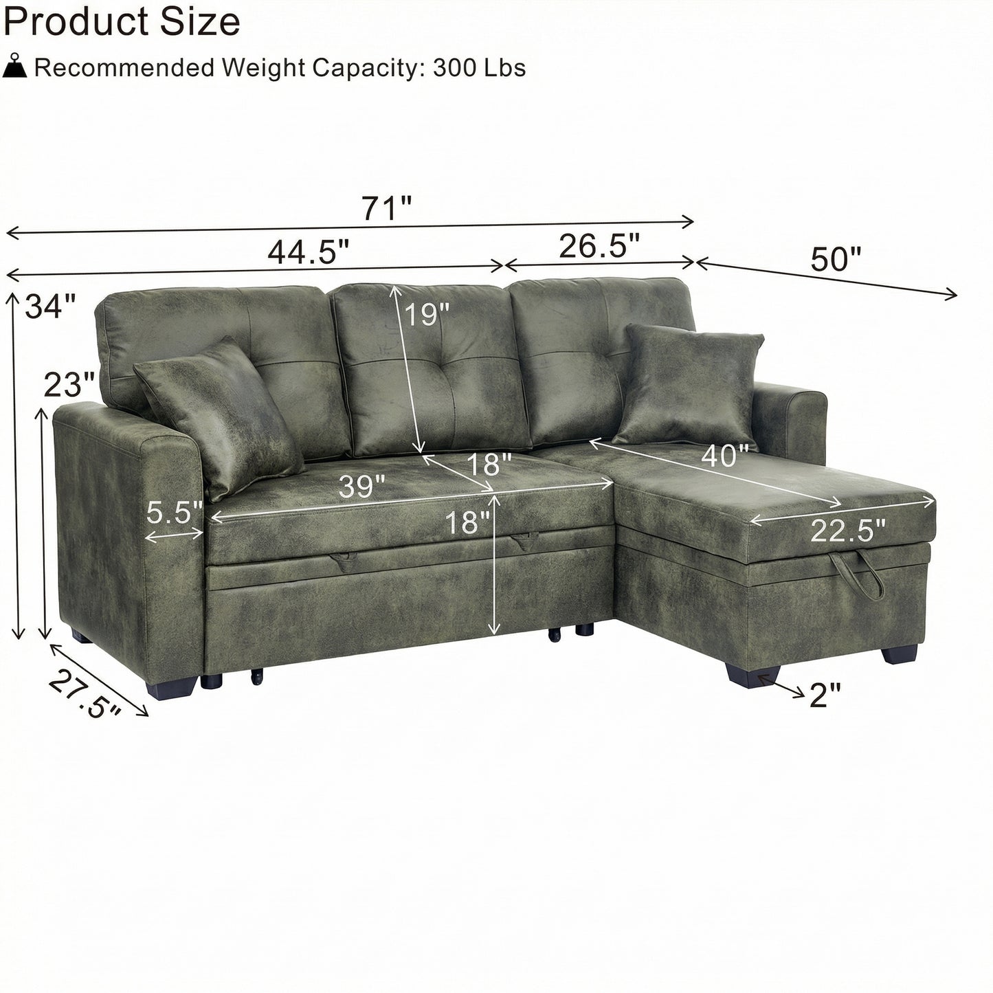 Sleeper Sofa with Pull-Out Bed & Reversible Chaise - Olive Green