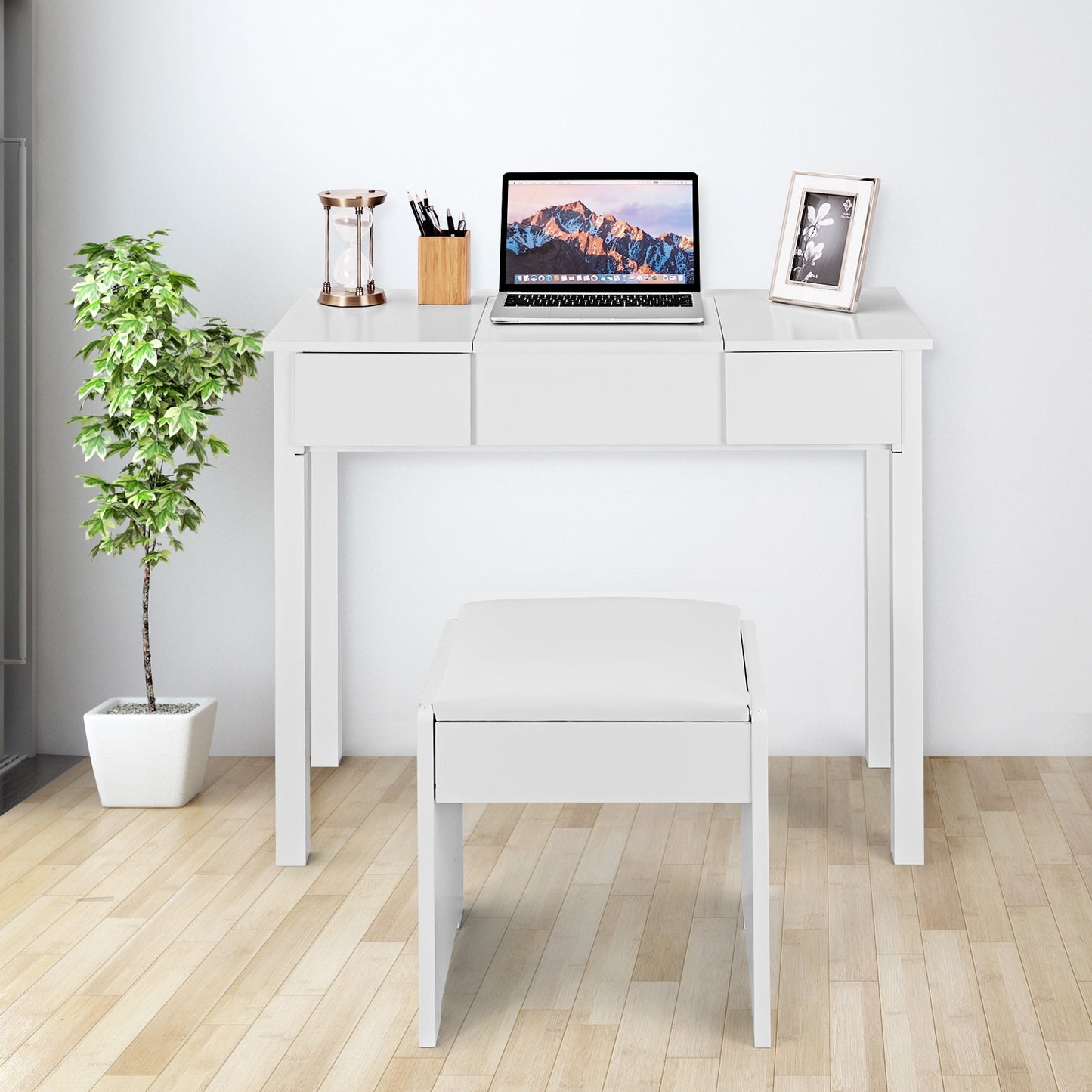 Vanity Makeup Dressing Table Set with Flip Top Mirror & Stool - White