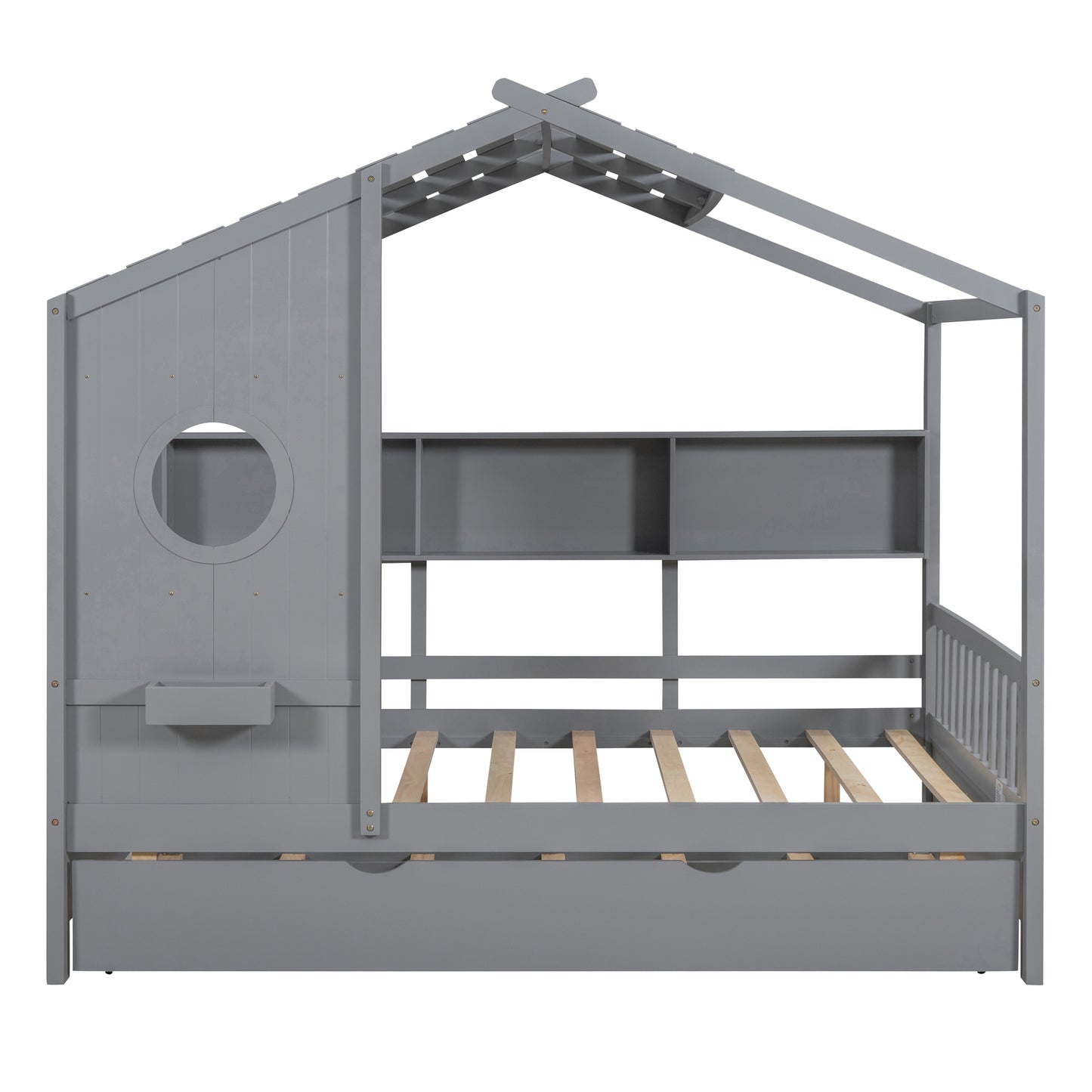 Wooden Full Size House Bed With Trundle, Modern Design For Kids